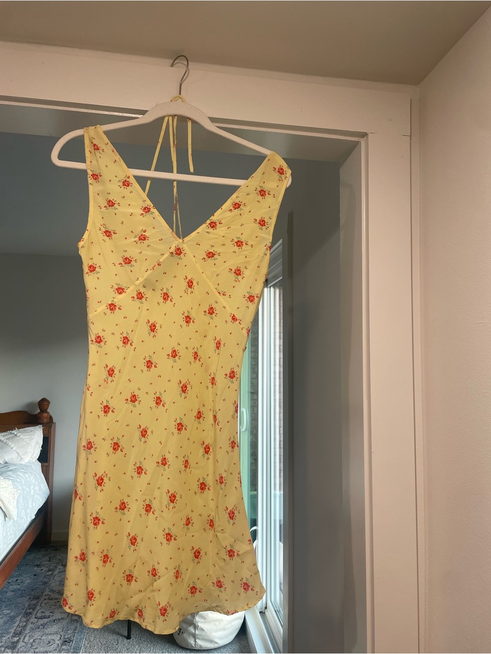 Realisation Par Yellow Floral V-Neck Slip Dress with Red Blossom Print
